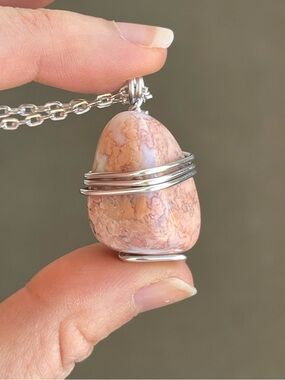 Cotton Candy Agate Silver Tone Wire Wrap Necklace Peachy Pink & Milky White